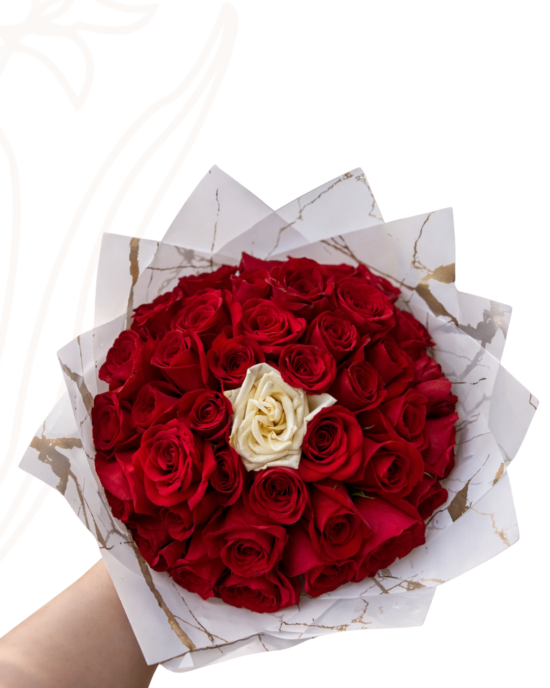 49 rosas & 1 rosa blanca en el centro